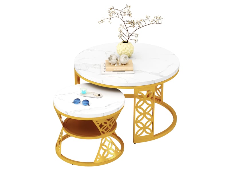  Table basse gigogne 2 pièces effet marbre blanc et structure dorée homvra  - Conforama A