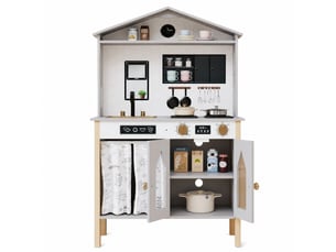 Kitchenette enfant en mdf grise avec accessoires, évier et rangements, dès 3 ans, pour jeux créatifs à la maison
