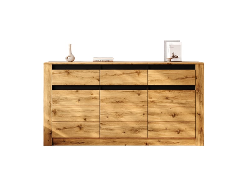 Buffet 135x35x70 cm, avec 3 tiroirs et 3 portes, rangement modulable, bahut salon, salle à manger, aggloméré naturel - Conforama A