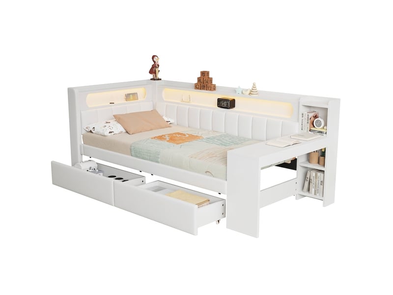  Lit de jour 90x200 avec bureau intégré et 2 tiroirs capitonné blanc  - Conforama A