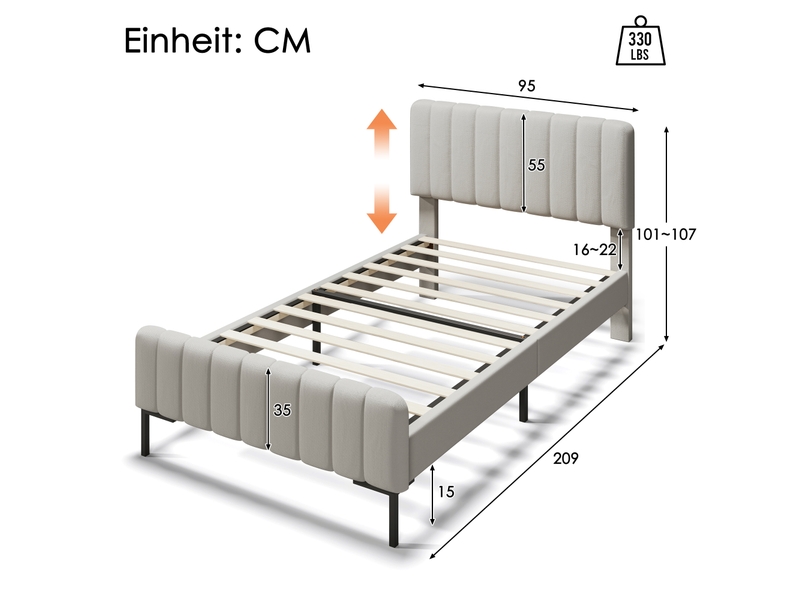  Lit simple 90x200 - lit adulte avec structure bois et métal - lin - avec matelas - beige  - Conforama E
