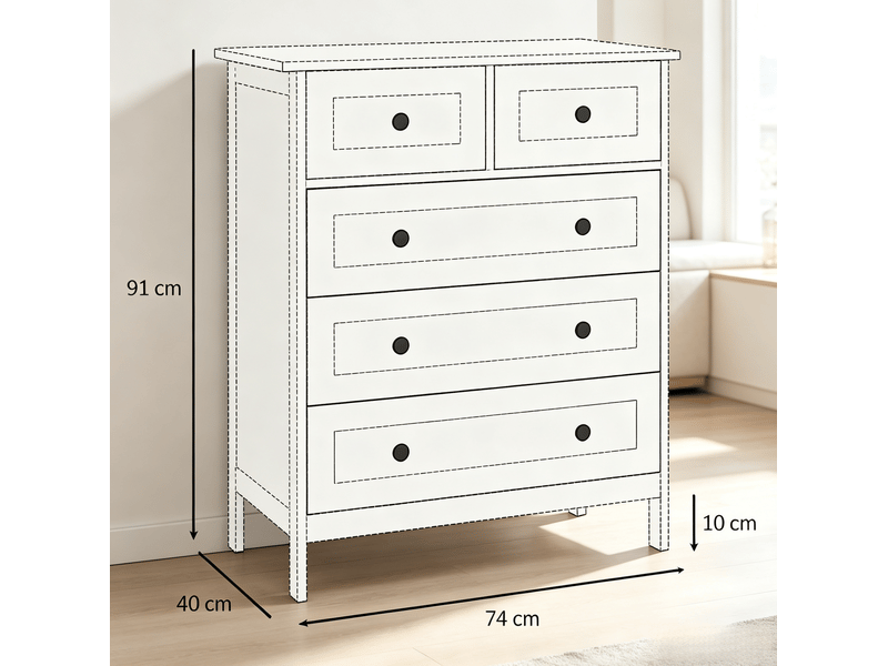  Commode blanche à 5 tiroirs 74 x 40 x 91 cm avec plateau de rangement, mdf et panneaux de particules  - Conforama D