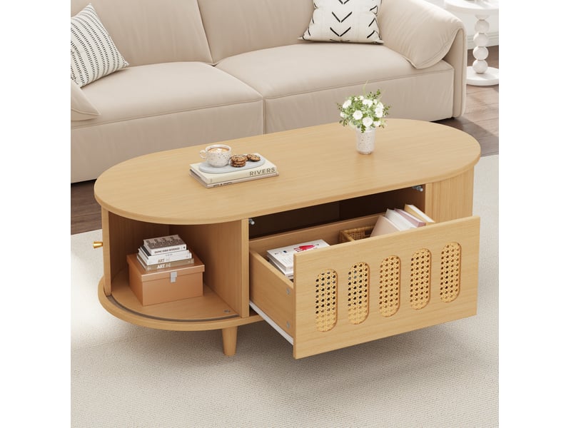  Table basse 100x50x40 cm en mdf, 1 tiroir et 2 portes à rideau, coloris bois naturel  - Conforama C
