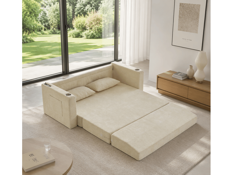  Canapé convertible 2 places pliable avec ports usb, porte-gobelets et poches latérales en chenille beige  - Conforama D