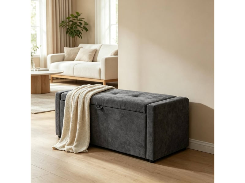  Banc de rangement 122 x 48 x 44 cm gris foncé en polyester, coffre caché et assise pour deux personnes  - Conforama D