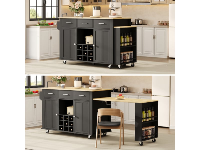  Îlot de cuisine mobile avec plan escamotable – rangement, 3 tiroirs, porte-bouteilles, usb, 7 roulettes, noirchêne  - Conforama B