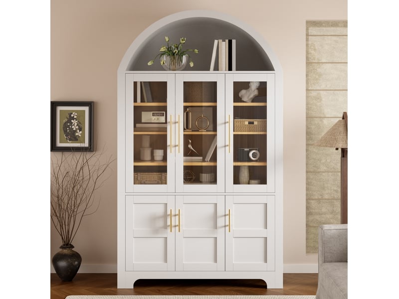 Buffet haut de rangement 110x40x185 cm, niche ouverte en arche, 3 portes vitrées, panneau de particules et mdf, blanc - Conforama B