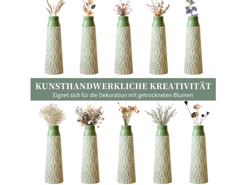  Lot de 3 vases de sol 61,5, 51 et 43,5 cm verts en métal, motif rétro pour fleurs séchées et pampas  - Conforama D