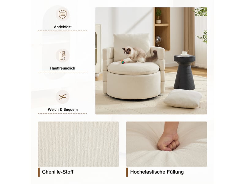  Fauteuil pivotant 360° avec rangement caché et coussin de dossier en chenille ivoire, 72 × 66,5 × 76 cm  - Conforama E