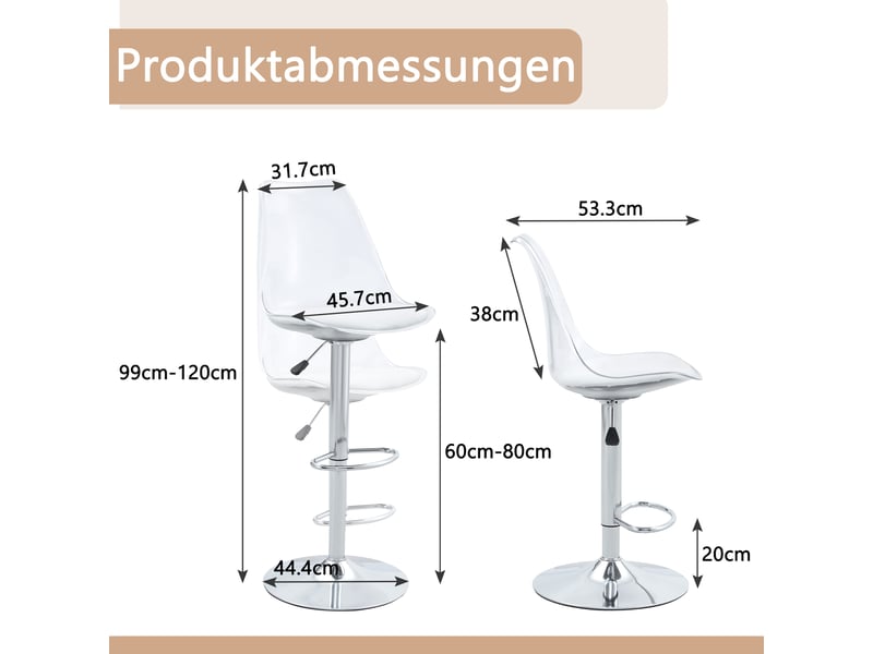  Lot de 2 tabourets de bar réglables,60-80 cm,pivotants transparents,pu,blanc  - Conforama C