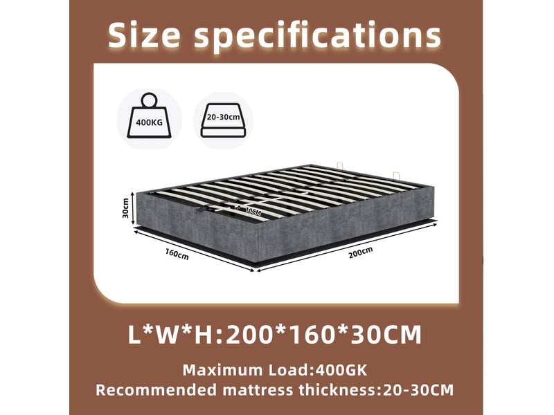  Lit adulte lit double 160x200 couchage complet matelas tissu gris metal moderne homvra  - Conforama E