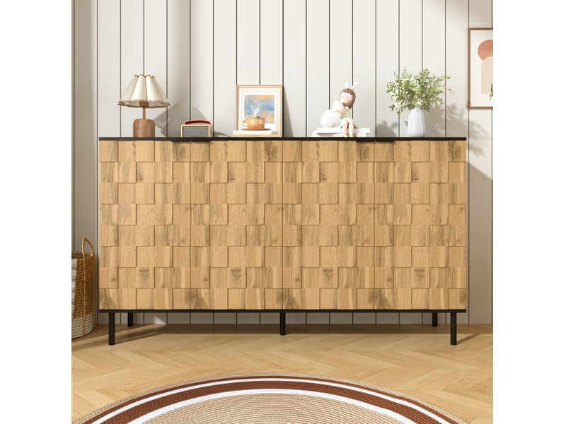  Buffet 160x35x80,5 cm, meuble de cuisine et salon, 4 portes, design mosaïque, panneau de particules naturel, rangement  - Conforama D