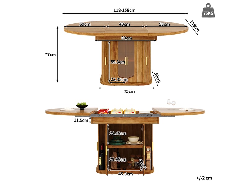  Table à manger extensible,118-158x118x77 cm,avec rangement,mdf,coloris noyer  - Conforama C