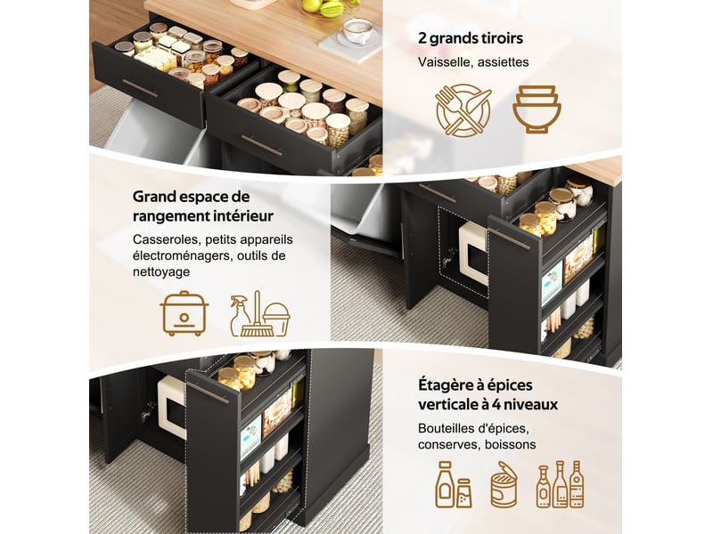 Desserte de cuisine avec plateau rabattable, 2 tiroirs, étagère à épices et roulettes, noire, 120 × 70 × 93 cm  - Conforama E