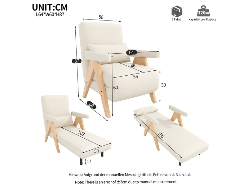  Fauteuil scandinave convertible 64x60x87 cm 3-en-1, dossier réglable 6 positions, relax ou lit d'appoint, lin beige  - Conforama C