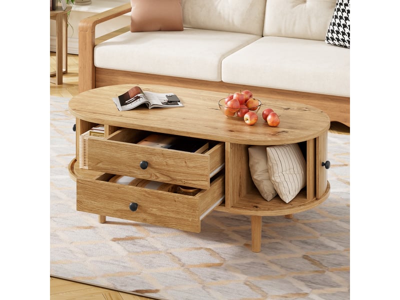  Table basse 100x50 cm en mdf avec portes coulissantes et tiroirs coloris chêne chicfurn  - Conforama D