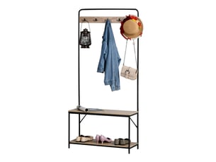 Porte-manteau 3 en 1 avec banc et étagère à chaussures, style industriel, mobilier d'entrée vintage en bois et acier, 80,5 x 30 x 170 cm, noir