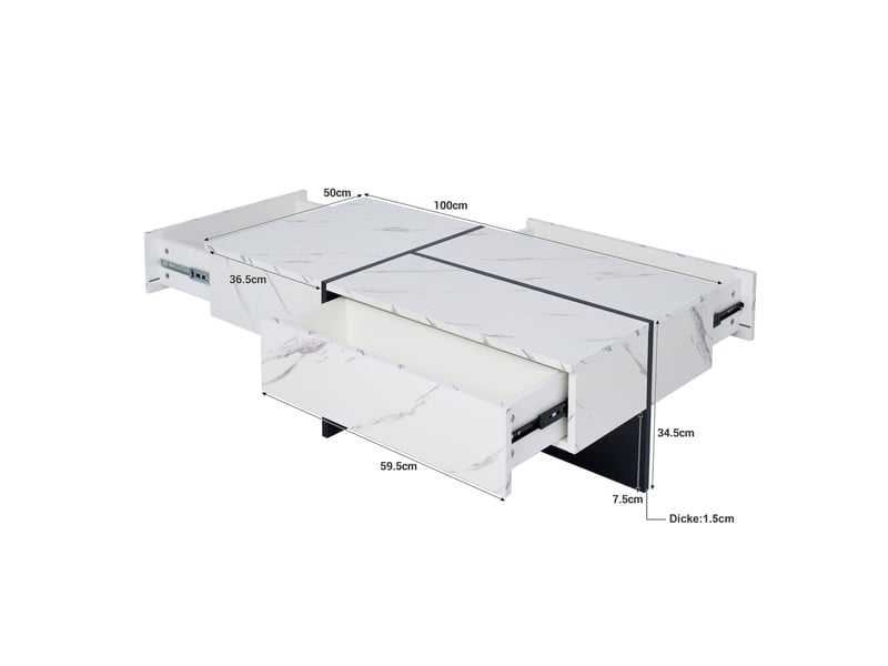 Table basse 100x50x34,5 cm avec 3 tiroirs et led, effet marbre blanc et noir - Conforama E