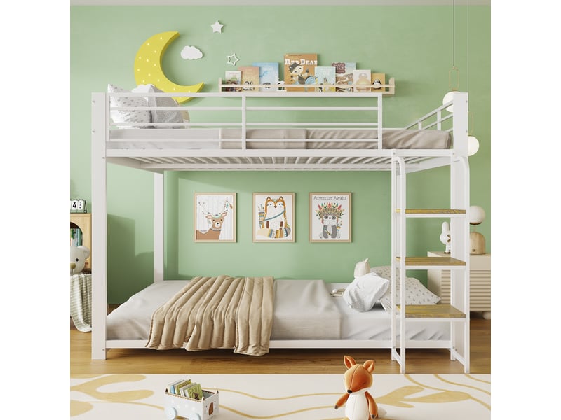  Lit superposé 140x200cm - lit double enfant en métal silencieux avec échelle à marches en bois - blanc  - Conforama B