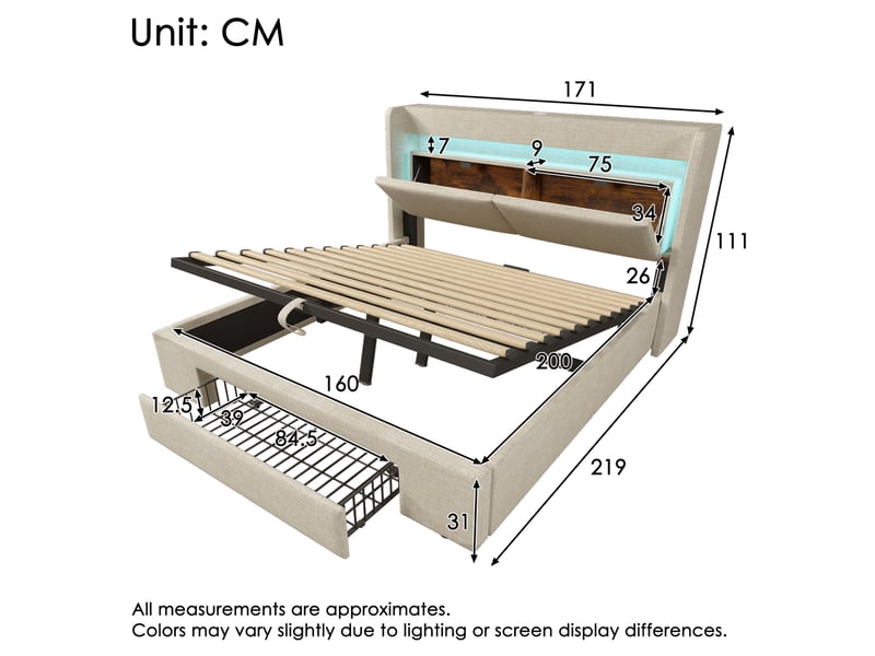  Lit coffre 160x200 cm avec rangements, éclairage à del et prises usb, bois et métal, beige avec  matelas  - Conforama C
