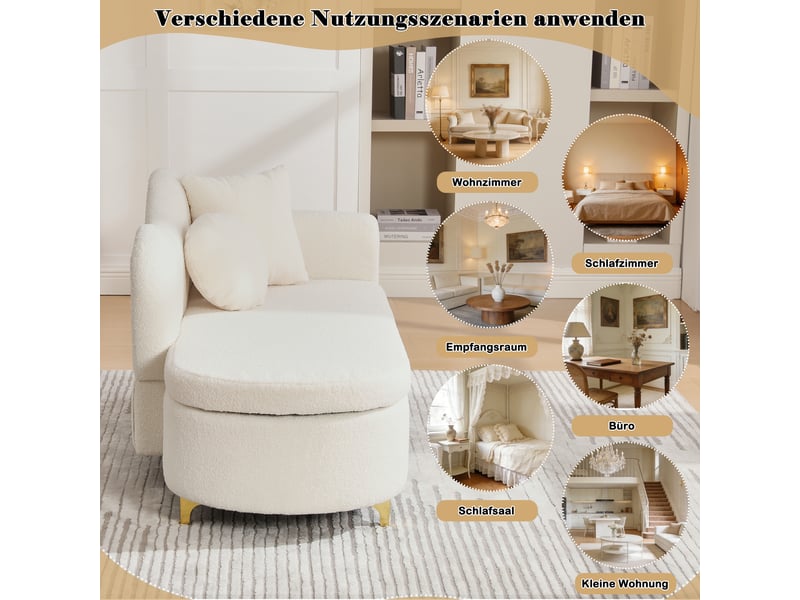  Méridienne avec coffre de rangement et coussins, tissu effet peau lainée beige blanc, 134 × 64 × 70 cm  - Conforama E