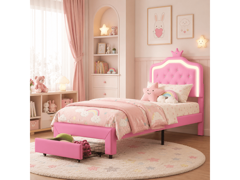  Lit simple 90x200 cm avec lampes led, lit enfant avec tête de lits réglable en hauteur et 1 tiroirs, en cuir avec couronne, pu, rose  - Conforama E