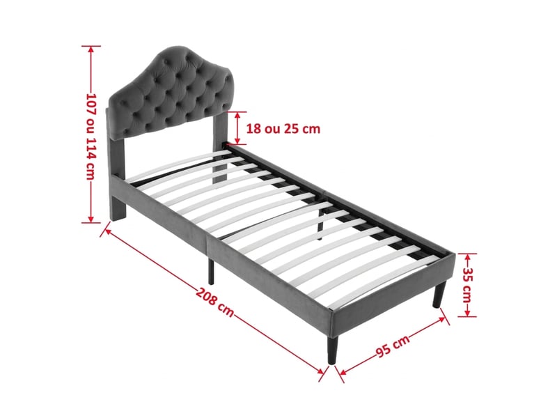  Lit simple 90x200 cadre de lit en velours gris avec tête de lit réglable en hauteur et sommier à lattes  - Conforama C