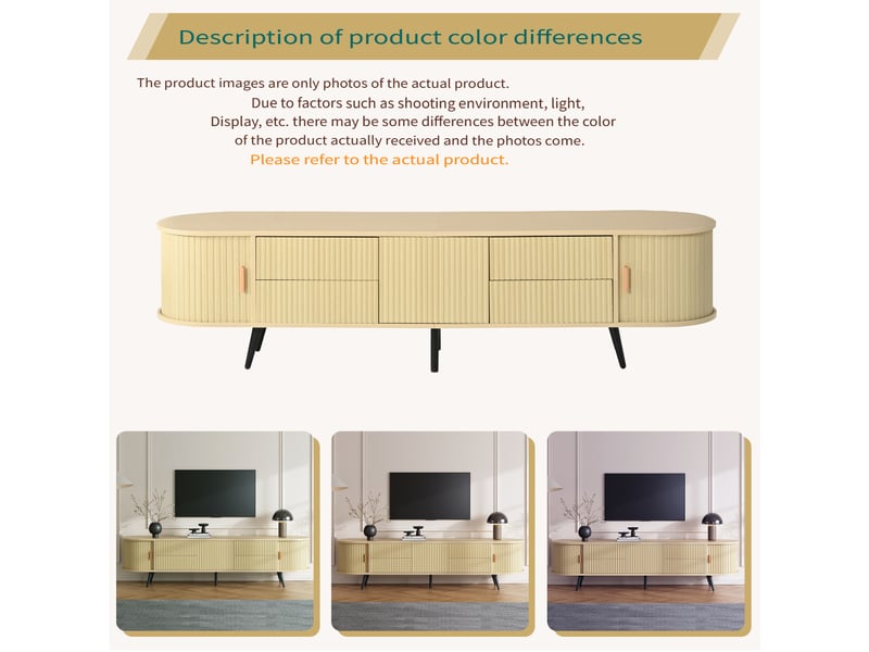  Meuble tv ovale 180 x 40 x 45 cm, finition aspect bois, 4 tiroirs, 1 compartiment à porte coulissante, pour téléviseur jusqu'à 80 pouces  - Conforama D