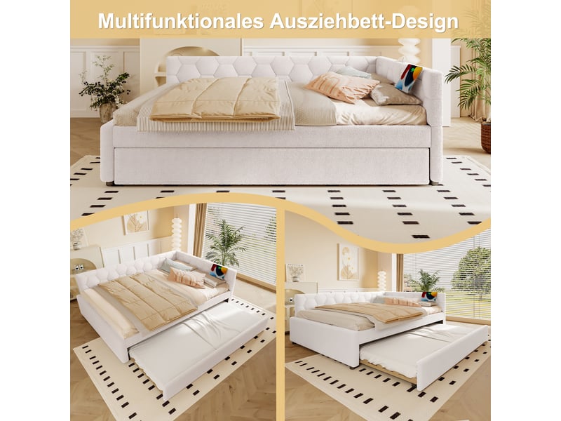  Lit banquette 140x200 canapé lit velours blanc avec lit gigogne, ports usbtype-c et lampe de chevet  - Conforama R