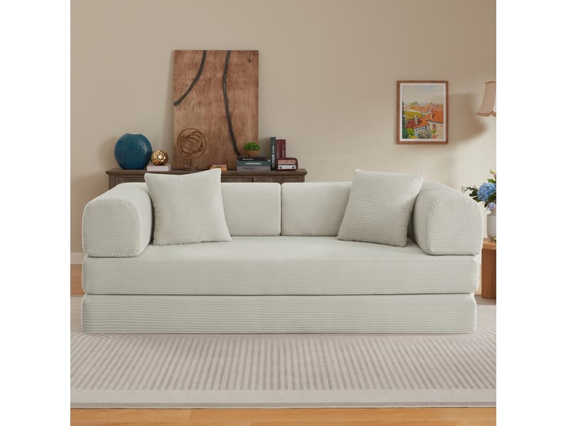  Canapé droit convertible 3 places en velours côtelé beige, avec 2 coussins, pour salon, chambre et appartement  - Conforama B