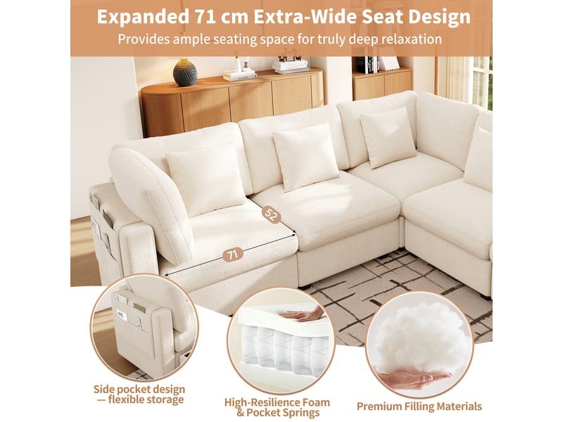 Canapé d'angle modulable 5-6 places avec poches latérales, coussins et assise large en chenille beige - Conforama E