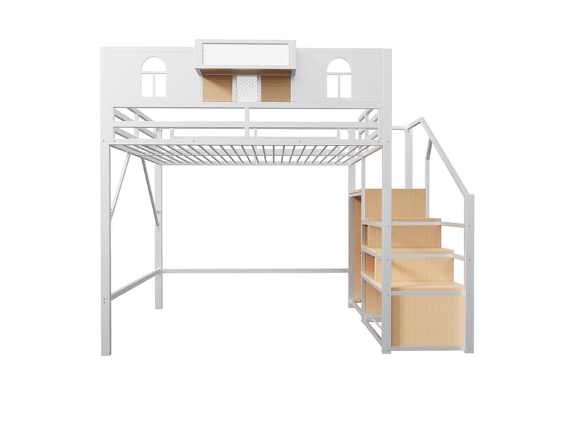  Lit mezzanine 140 x 200 cm, avec échelle et bande lumineuse, compartiments de rangement, structure métallique, blanc  - Conforama A