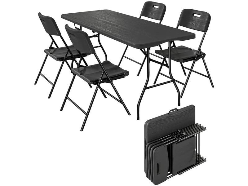  Ensemble table et chaises de camping 5 pièces avec table pliante et 4 chaises, en pehd et métal noir  - Conforama A