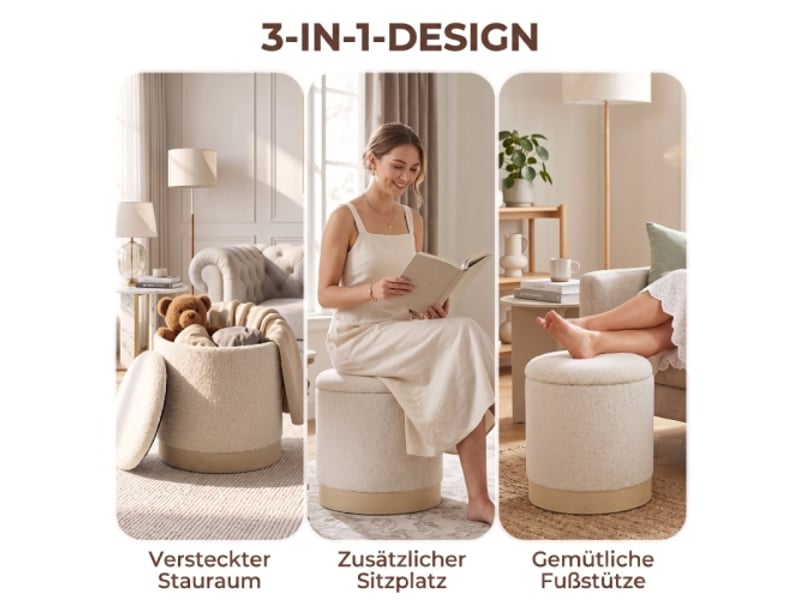  Pouf rond crème 38 cm avec revêtement sherpa, rangement et pied métal effet bois  - Conforama D
