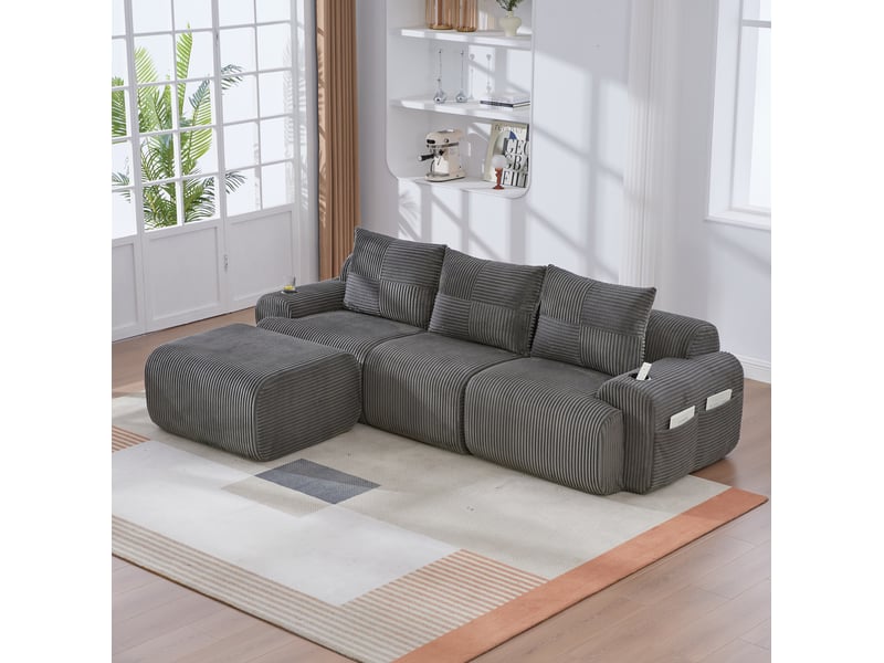  Canapé modulable 3 places 268x174x80 cm, velours côtelé gris foncé, modules configurables, poche latérale, porte-gobelet  - Conforama D