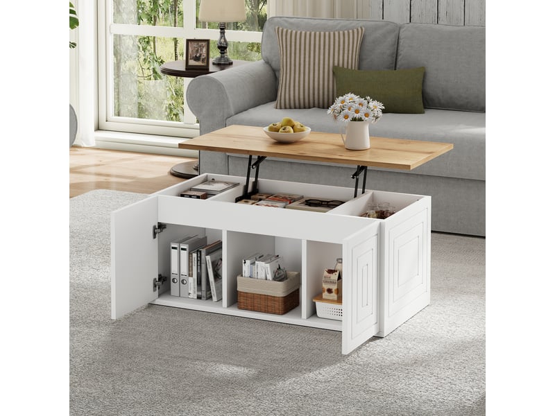  Table basse relevable bois et blanc 95 cm, table de salon rectangulaire avec rangement, style minimaliste  - Conforama D
