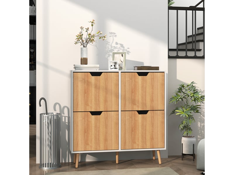  Meuble à chaussures étroit avec 4 tiroirs abattants et étagères réglables pour 16 paires, 95 x 26 x 95 cm, naturel et blanc  - Conforama C