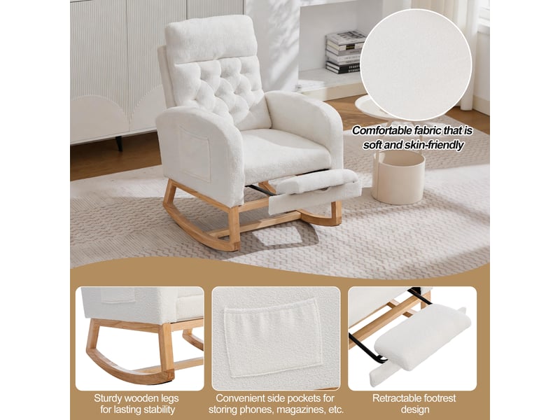  Fauteuil à bascule en tissu bouclette blanc crème avec repose-pieds  - Conforama C