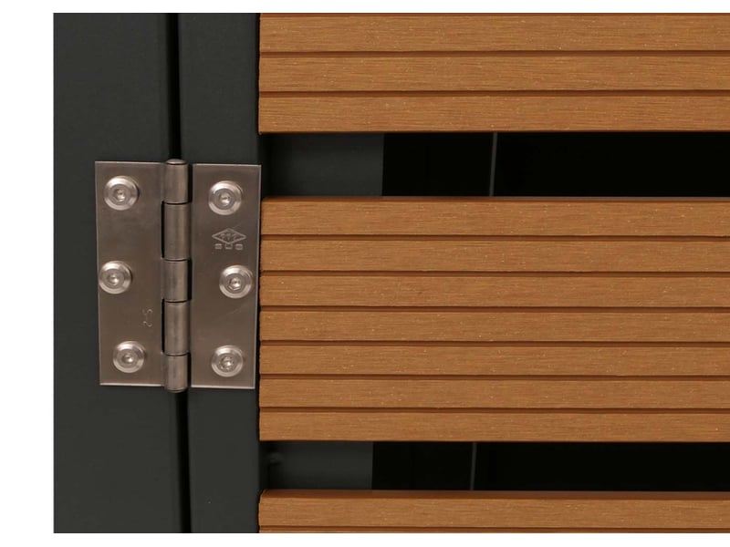  Cache poubelles 4 bacs avec couvercle abri extérieur verrouillable 80 à 240l 119x264x84 cmen wpc effet bois teck structure acier galvanisé 04_0010056  - Conforama C