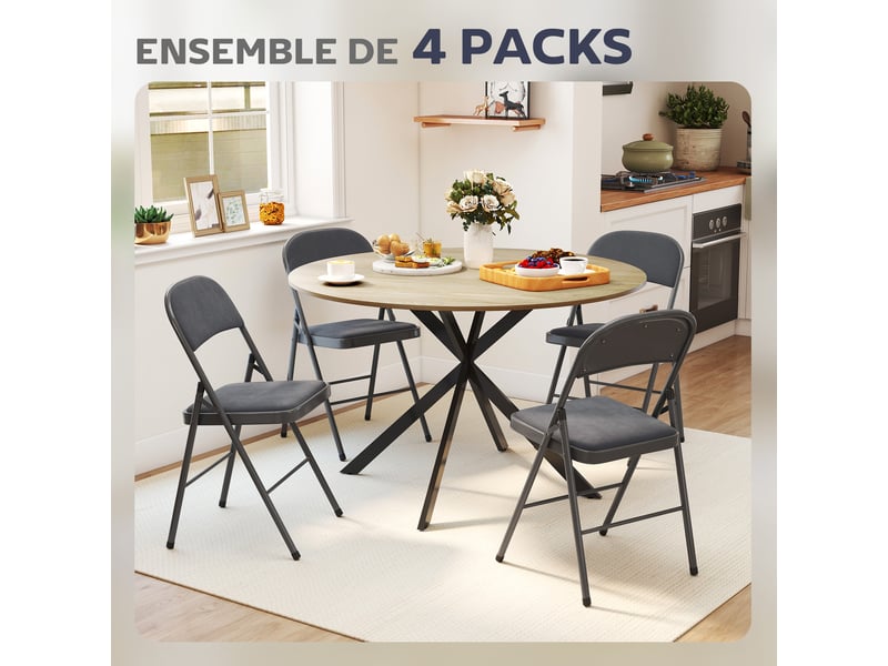  Lot de 4 chaises pliantes et portables intérieur avec assises et dossiers rembourrés en velours, gris foncé, cadre en acier  - Conforama A