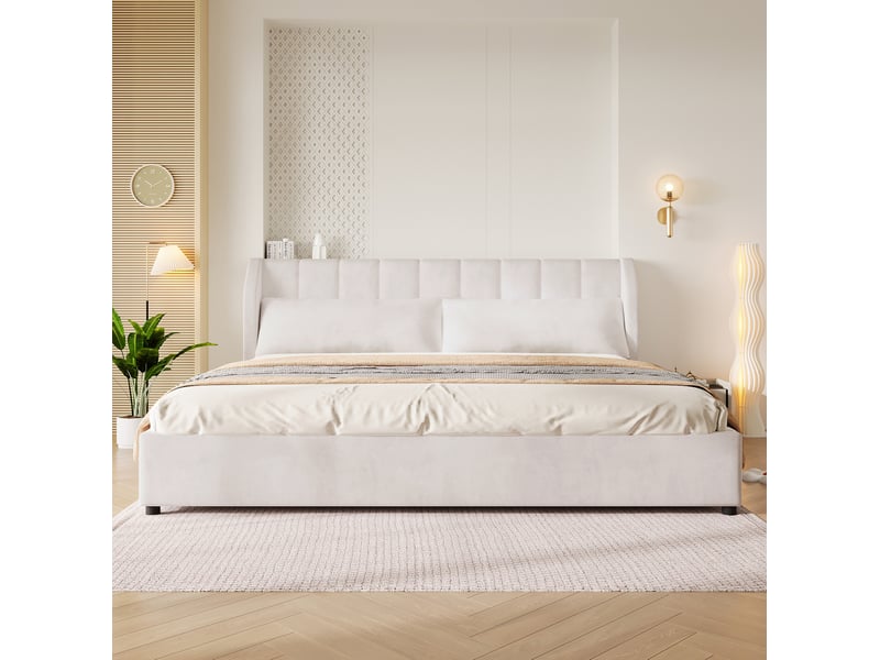  Lit double 180 × 200 cm plateforme avec sommier à lattes, tête de lit capitonnée et 2 coussins beige pour chambre  - Conforama E