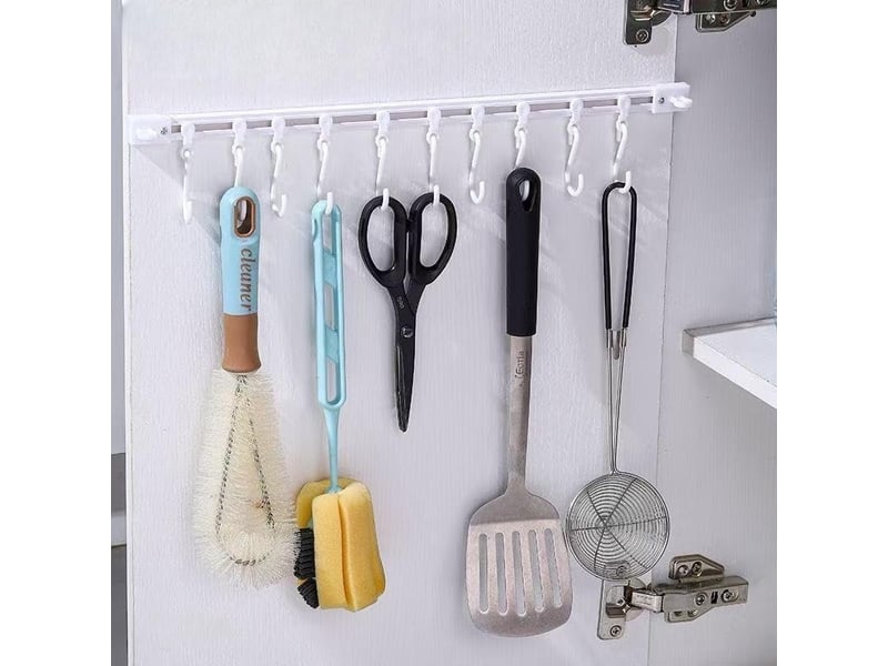  Crochet coulissant multifonctionnel mural - support pour ustensiles de cuisine, porte-ustensiles avec 10 crochets, sans perçage, gain de place, blanc  - Conforama A