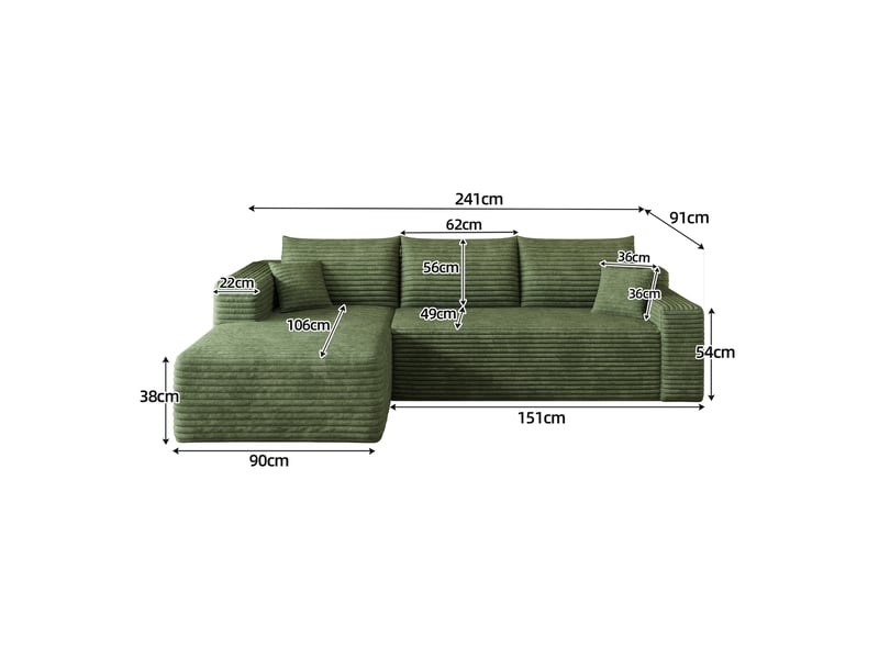  Canapé d’angle vert en velours côtelé, canapé en l 241 cm, 3 places à assise profonde pour salon, mousse haute élasticité  - Conforama B