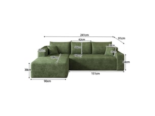 Canapé d’angle vert en velours côtelé, canapé en l 241 cm, 3 places à assise profonde pour salon, mousse haute élasticité