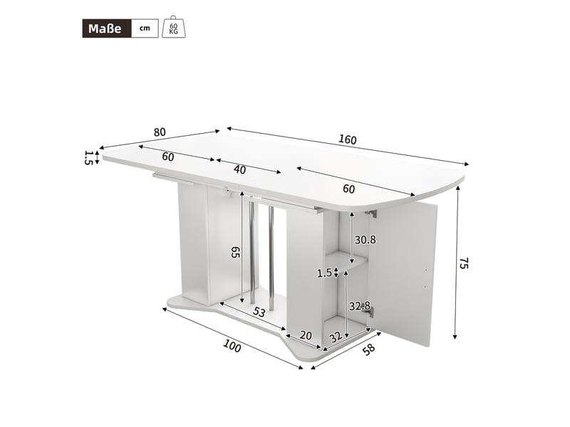  Table à manger extensible 120160 x 80 cm, 4–6 personnes, rangement intégré, pieds métal argentés, blanc evarich - Conforama C