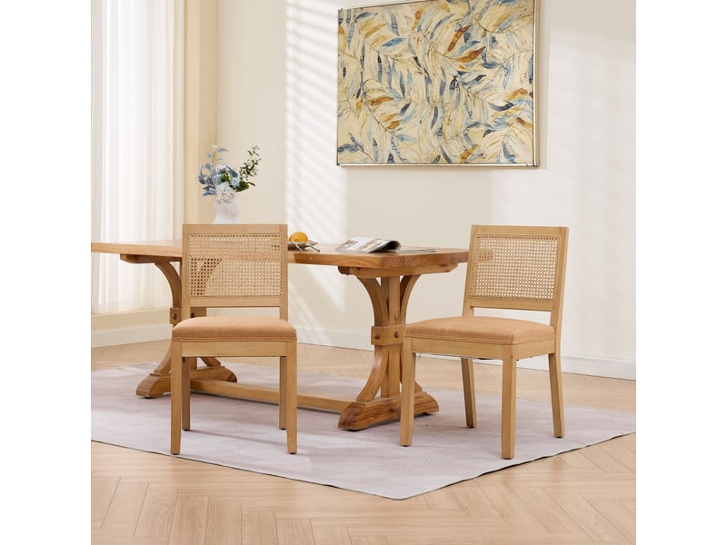 Lot de 2 chaises de salle à manger style rustique, dossier en cannage effet rotin, assise en lin à ressorts en s, cadre en bois massif, brun clair - Conforama C