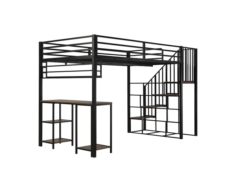  Lit mezzanine 120x200 cm - bureau intégré - escalier avec mains courantes - étagère de rangement - métal et bois - noir  - Conforama W