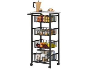 Desserte de cuisine avec 4 paniers et poignée sur roulettes pour cuisine et bar, en mdf et acier, gris clair, 49,5×31×91 cm