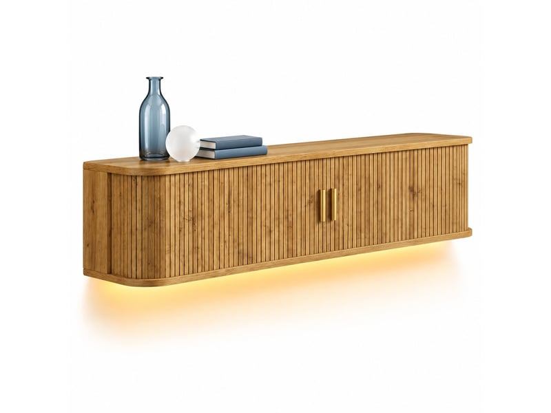  Meuble tv mural 175 cm avec portes coulissantes et éclairage led, finition naturelle  - Conforama A
