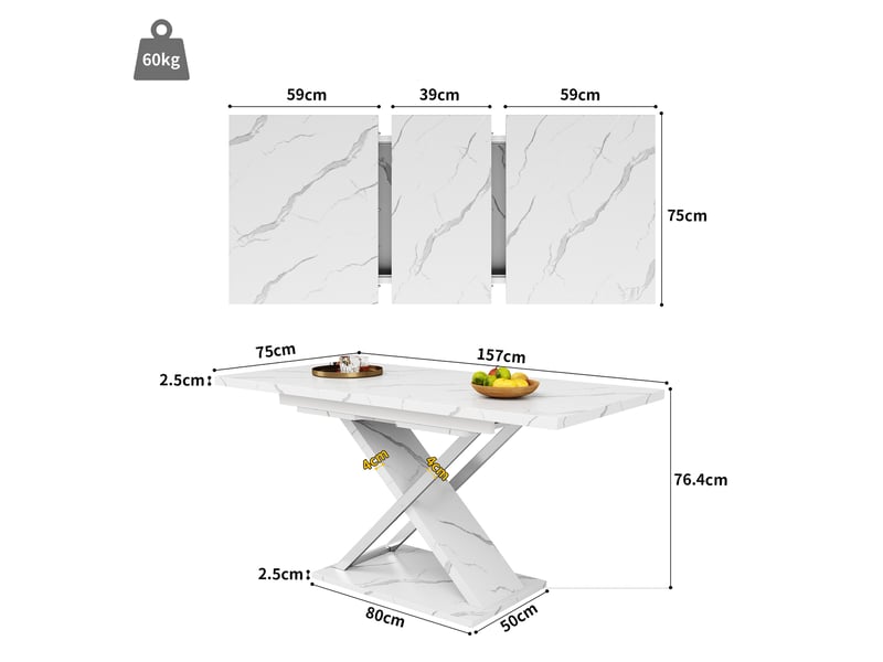  Table à manger extensible 118-157x75 cm avec rallonge intégrée et pieds croisés, style moderne  - Conforama E